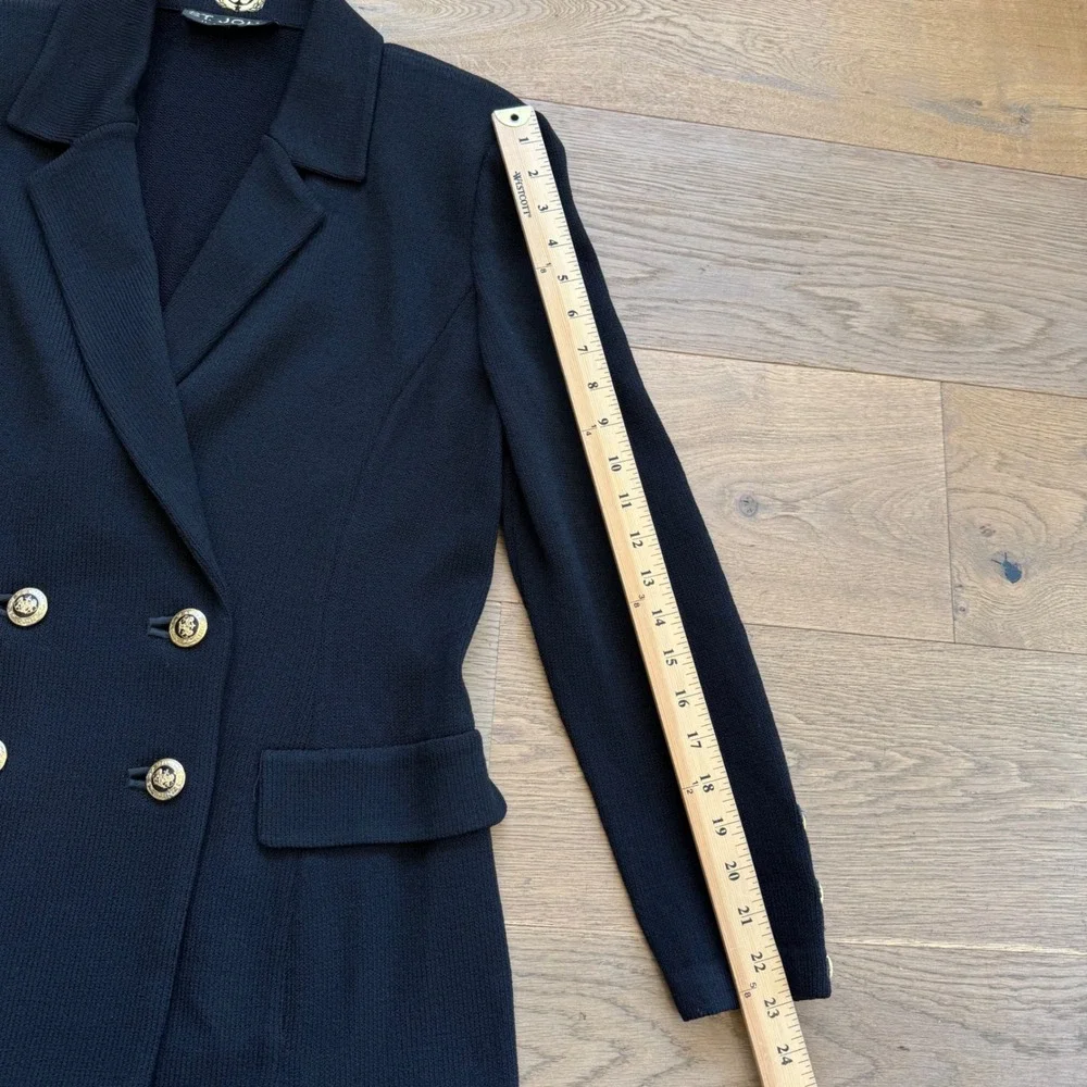 St. John Basics Black Santana Knit Double Breasted Gold Crest Button Blazer 6